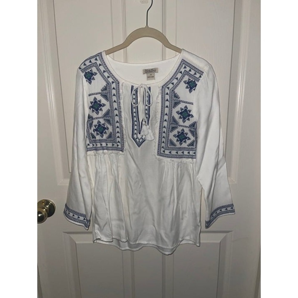 LUCKY BRAND‎ Live in Love 3/4 sleeve Embroidered blue green Blouse